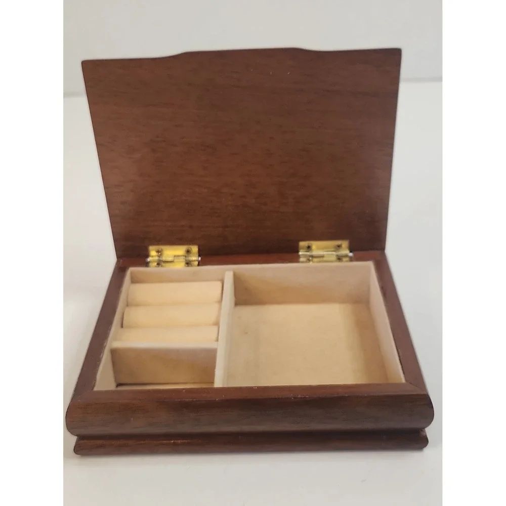 Vtg 1980s Emson Wooden Jewelry Box Classic Car Brass Emblem Valet Organizer Read